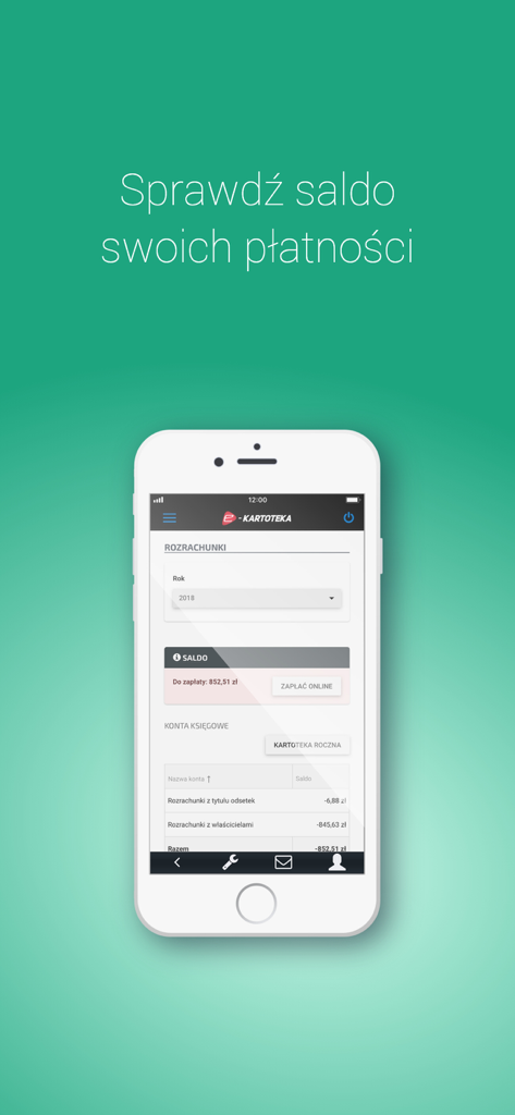 e-kartotekaアプリの物件決済と支払い残高の詳細を示すモバイル画面