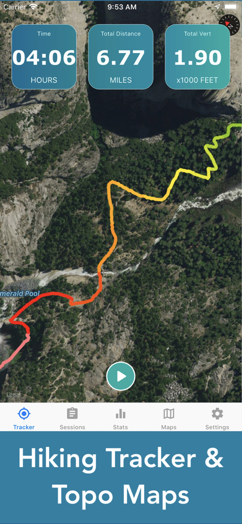 Screenshot of the Topo Map and Hiking Tracker app showing a satellite map with a color-coded trail path and hike statistics.