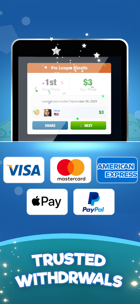 Aplicación de bingo de dinero real mostrando una pantalla de ganador y métodos de retiro confiables como PayPal y Apple Pay.