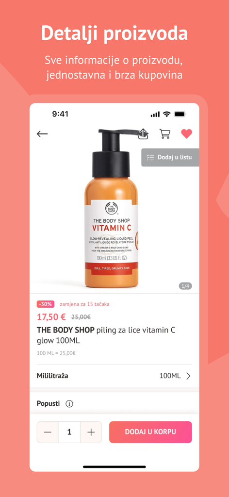 Cosmetics BF - Mobile app screen displaying product details for a The Body Shop skincare item with pricing and an add to cart button.