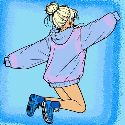 realistic girl jumping with a bun and oversized sweatshirt