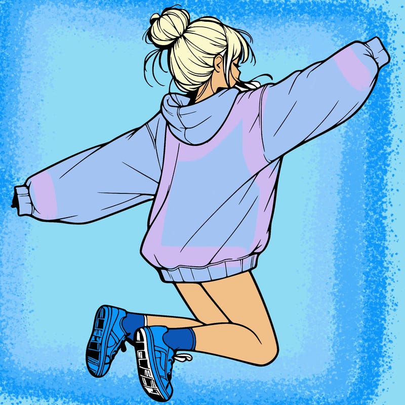 realistic girl jumping with a bun and oversized sweatshirt