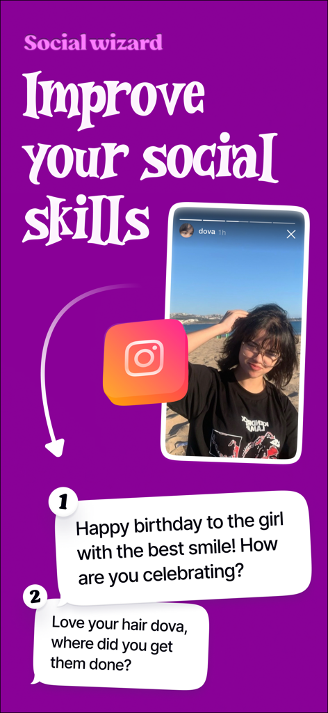 Social Wizard - up ur game - Social Wizard app interface showing AI suggested replies to an Instagram story