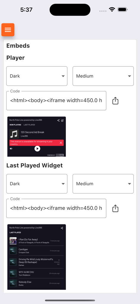 Écran de configuration pour les widgets du lecteur de station et les dernières pistes jouées dans l'application Live365 Broadcaster.