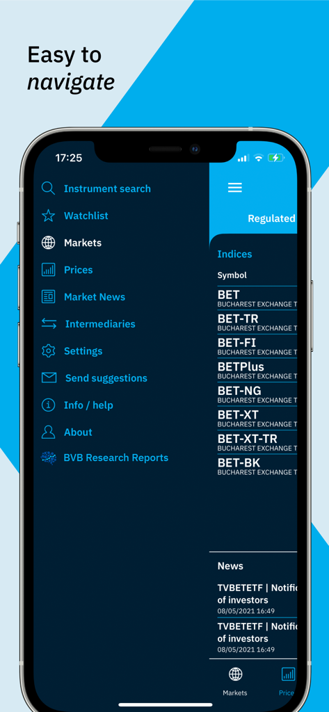 Un écran d'application mobile montrant le menu de navigation et les indices boursiers de la Bourse de Bucarest.