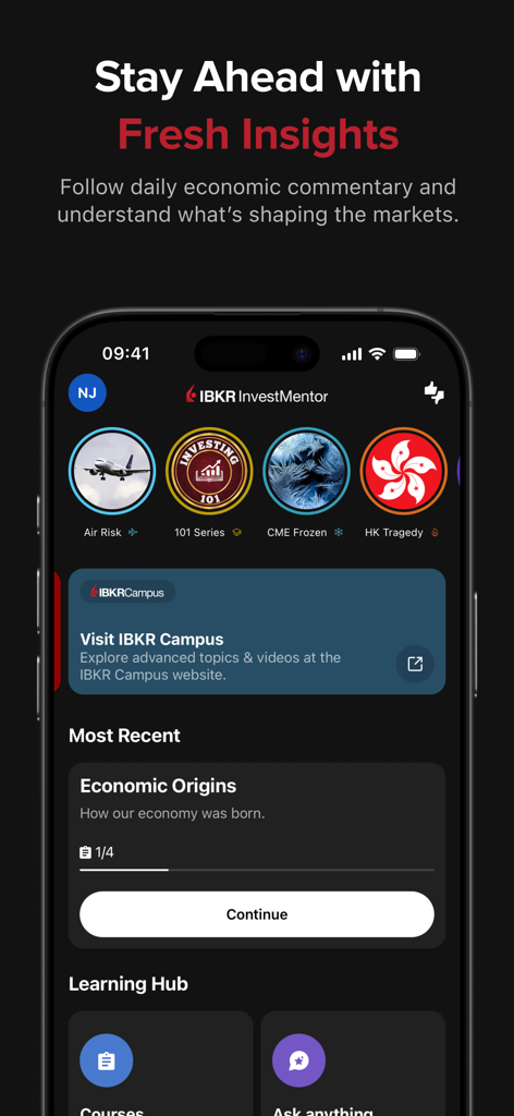 IBKR InvestMentor - IBKR InvestMentor app screen featuring daily economic commentary and financial lessons