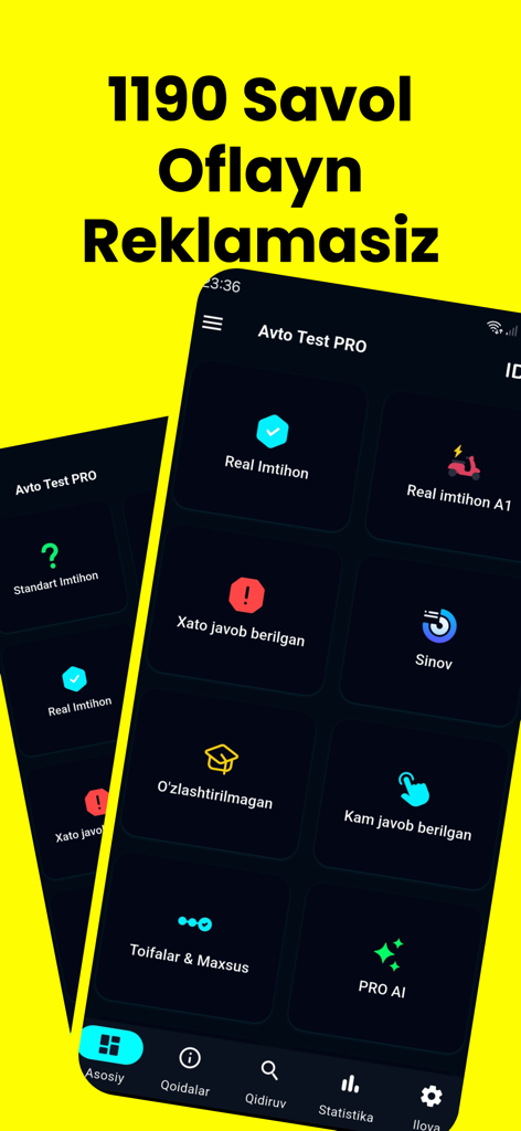 Avto Test PRO - Avto Test PRO mobile app dashboard featuring exam modes and AI study tools for Uzbekistan road rules.