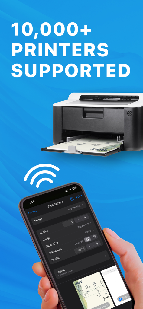 ‎Smart Printer App: iPrint - Una mano sosteniendo un iPhone mostrando opciones de impresión inalámbrica para una impresora de escritorio con texto que indica que se admiten más de 10000 impresoras