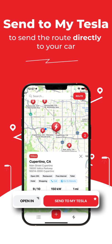 Supercharger map for Tesla - Smartphone screen showing the Supercharger map for Tesla app with a button to send a route directly to the vehicle.