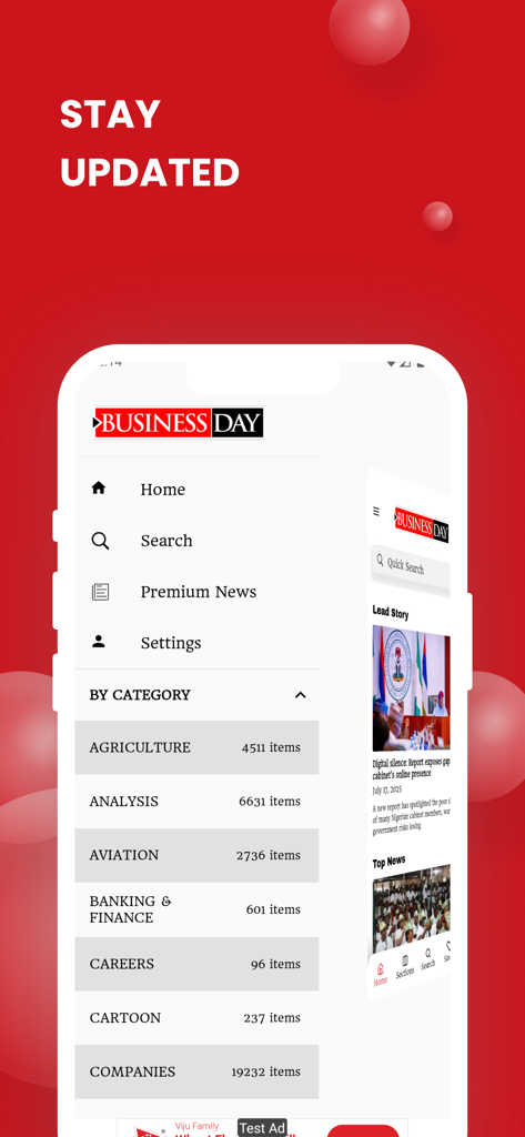 Navigation menu of the BusinessDay News app showing news categories like Agriculture, Analysis, and Aviation