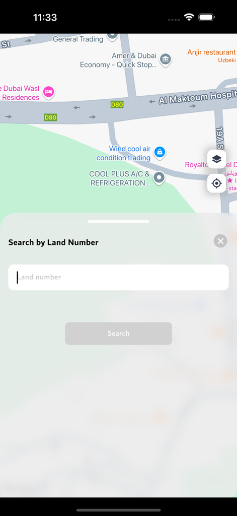 Makani app interface showing the search by land number feature on a map