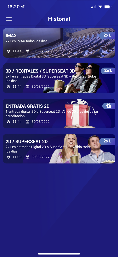 Mas Showcase app screen displaying a history of movie ticket rewards and 2x1 promotions