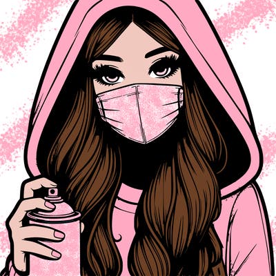 girl wearing a mask with long hair with her hood up spray-painting realistic