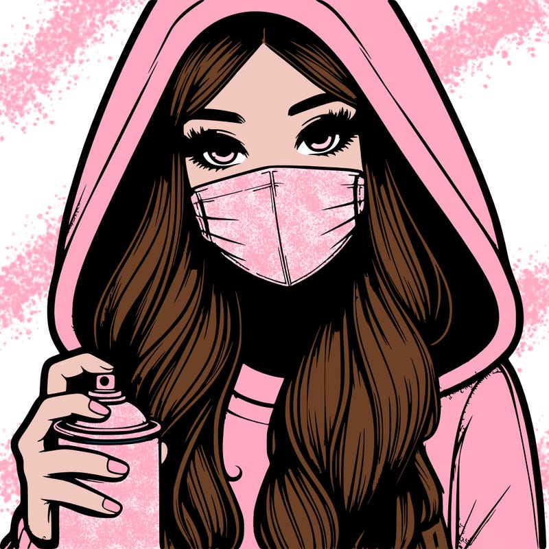 girl wearing a mask with long hair with her hood up spray-painting realistic