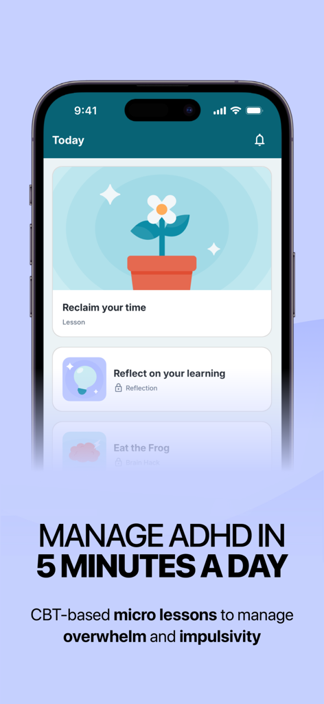 Inflow - Manage Your ADHD - Interfaccia dell'app Inflow che mostra una dashboard con micro-lezioni basate sulla CBT per la gestione dell'ADHD.