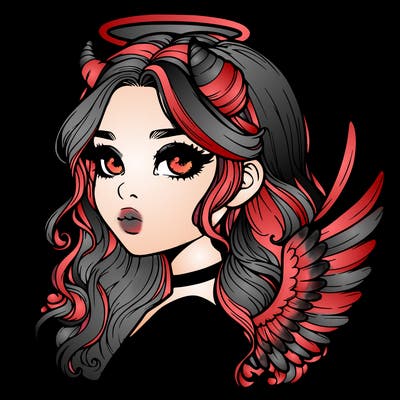 realistic girl with horns and wings and halo