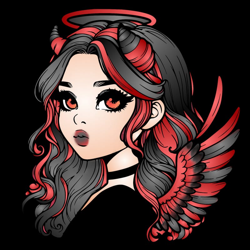 realistic girl with horns and wings and halo