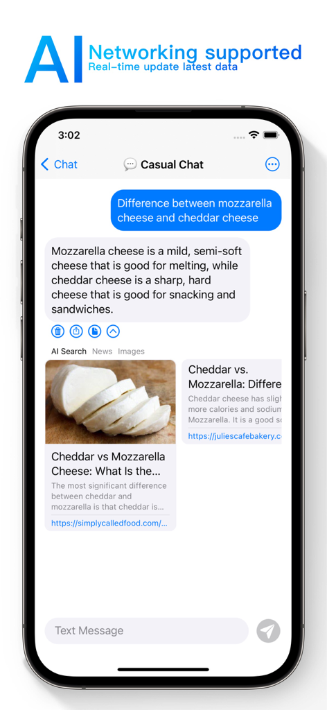 OneAI - AI Chat & AI Write - OneAI chat interface showing real-time AI networking search results for a comparison between mozzarella and cheddar cheese