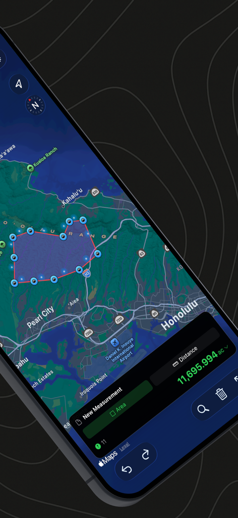 Geo Measure: Area & Distance - Écran de carte de l'application Geo Measure montrant la mesure du terrain en acres.