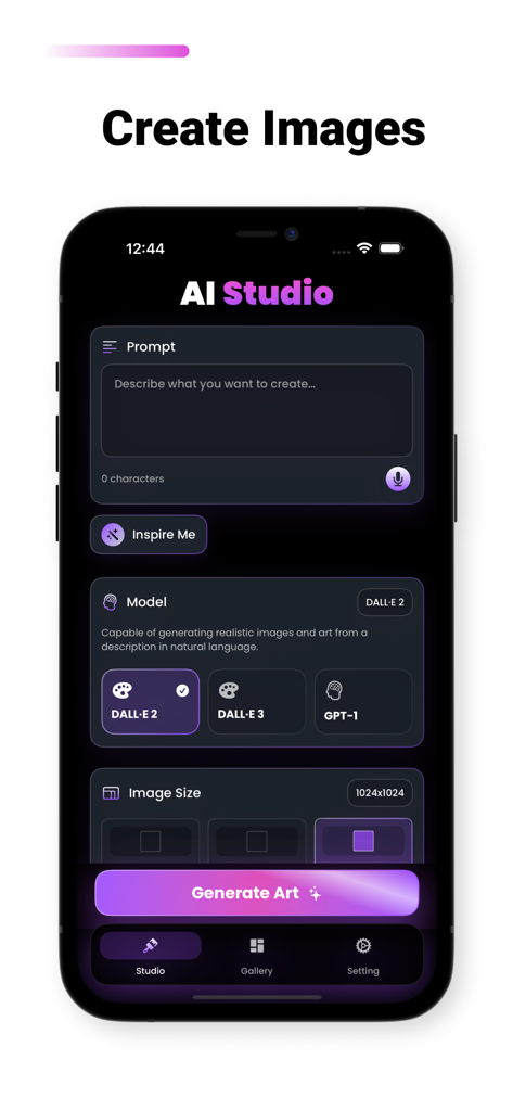 Écran de smartphone affichant l'interface Studio de l'application Galerie IA où les utilisateurs entrent des prompts texte et sélectionnent des modèles IA pour créer de l'art.