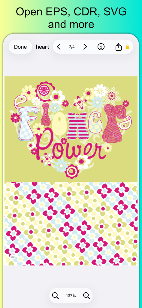 Interface de l'application VectorView affichant un design vectoriel coloré style "flower power" avec des contrôles de zoom