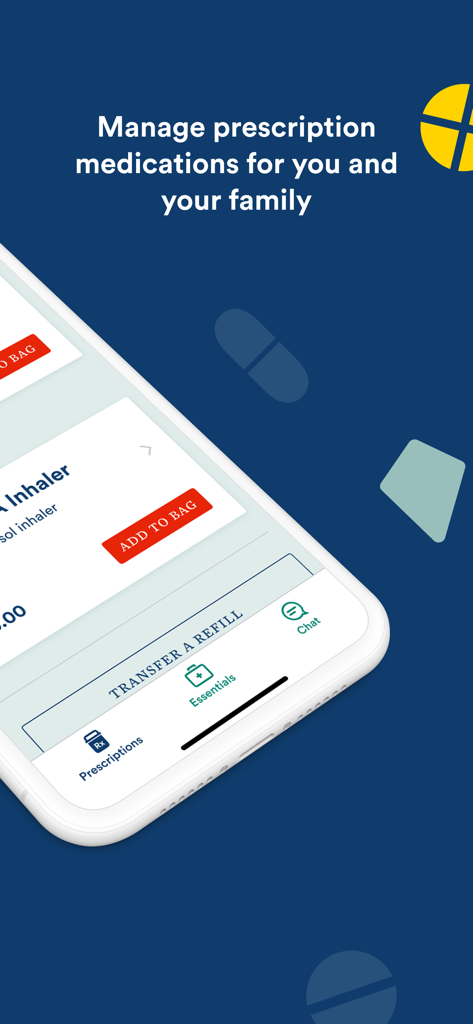 A mobile app screen showing options to manage and refill prescriptions through Capsule Pharmacy