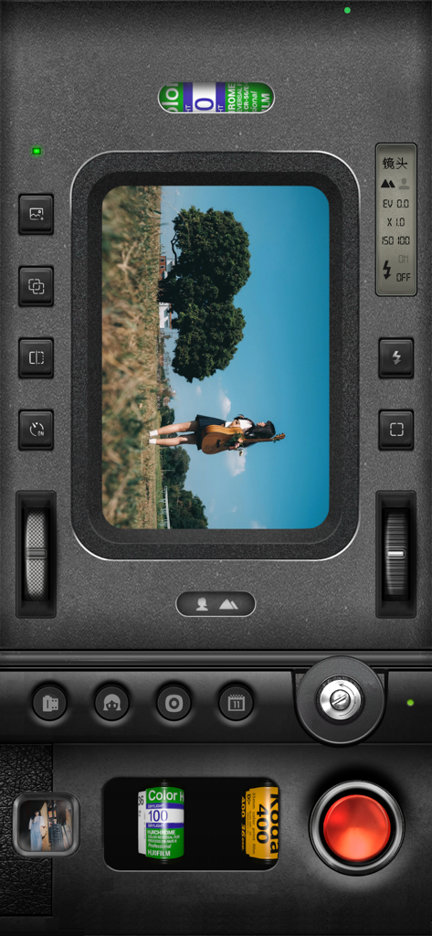 inFi Cam - Vintage film camera - A mobile app interface designed to mimic a vintage analog film camera with a viewfinder, shutter button, and selectable film rolls.