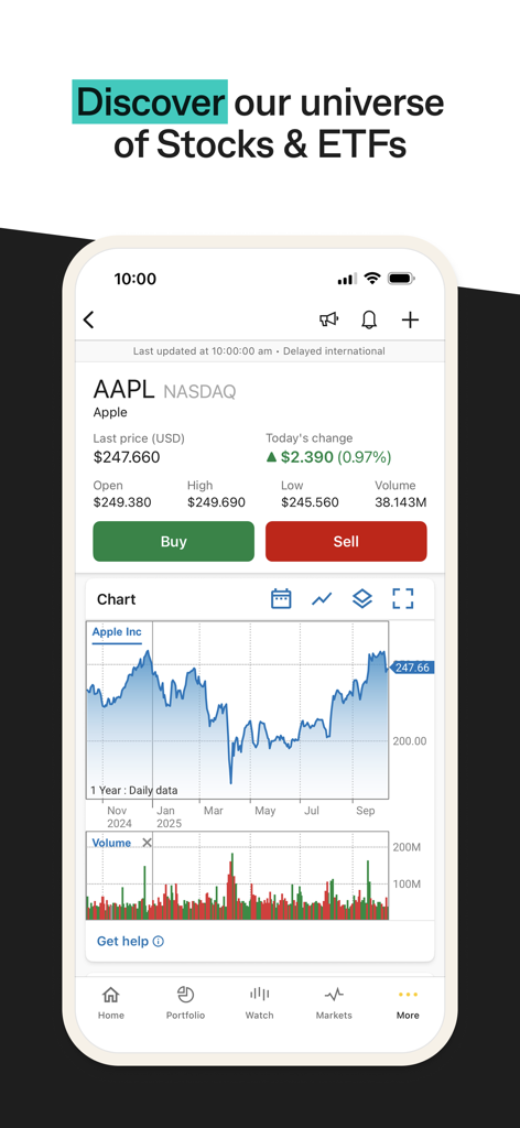 CommSec mobile app screen displaying Apple stock information and an interactive price chart