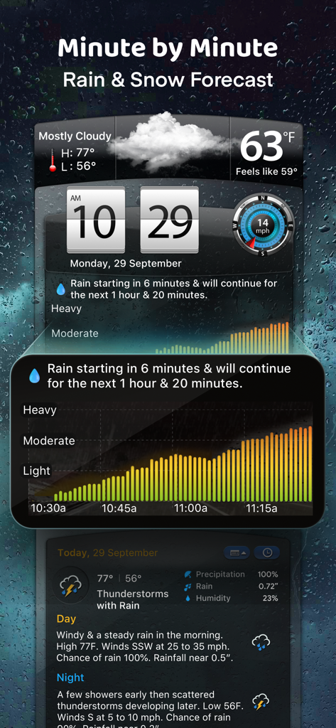Weather Mate - NOAA Radar Maps - Weather Mate app interface showing a minute-by-minute rain forecast with an intensity chart and detailed weather conditions.