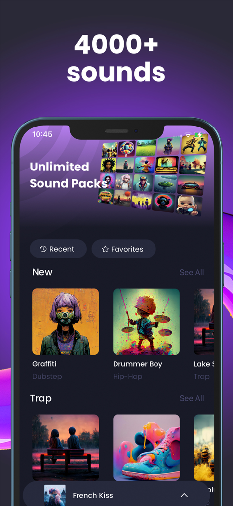 Drum Pads Guru Pro Beat Maker - Interface do aplicativo Drum Pads Guru exibindo mais de 4.000 pacotes de som para criação musical.