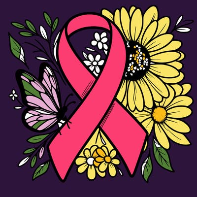 cancer awareness symbol with flowers and butterflies