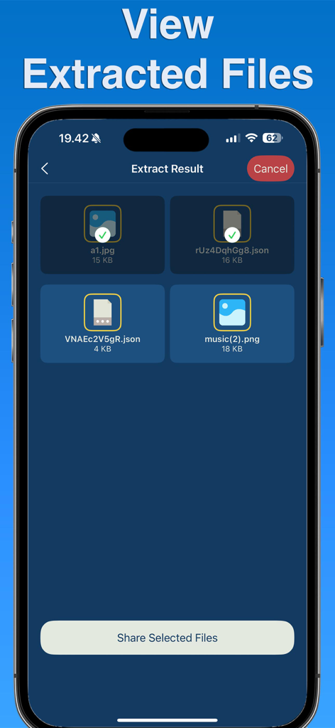 RAR Opener - Oberfläche der RAR Opener App, die extrahierte Dateien und Freigabeoptionen anzeigt