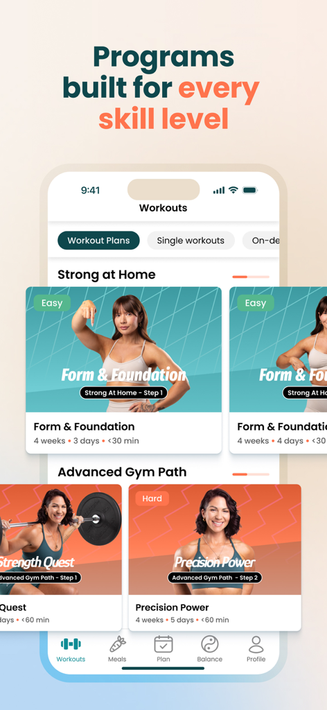 Raize fitness app interface displaying various workout plans categorized by easy and hard skill levels