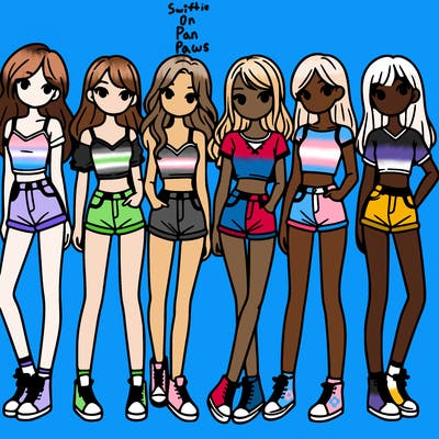 a group of girls wearing crop tops and shorts