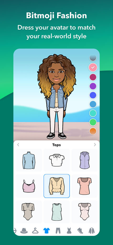 Interface do aplicativo Bitmoji mostrando um avatar feminino sendo vestido com várias opções de roupas no menu de moda.