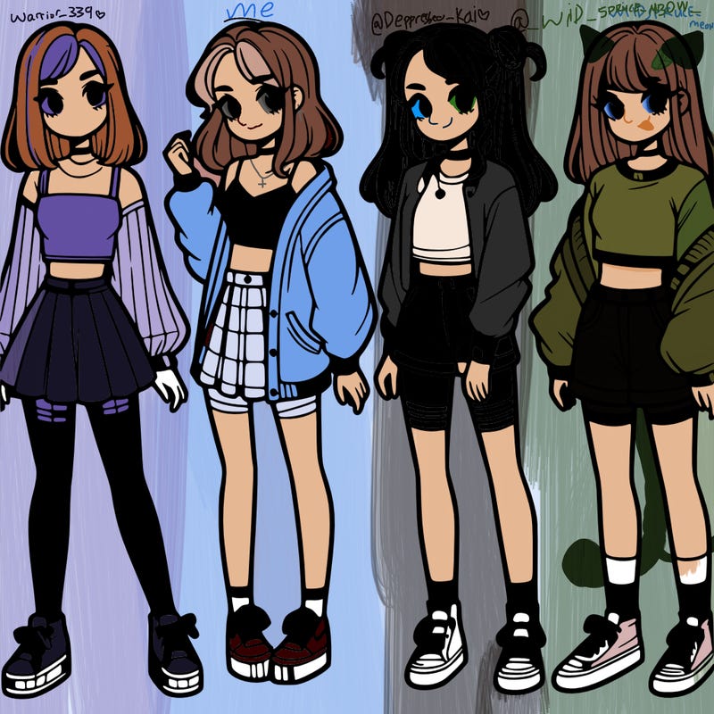 one girl with crop-top shirt and a jacket with a skirt, long socks and another girl with a shirt and pants with a jacket