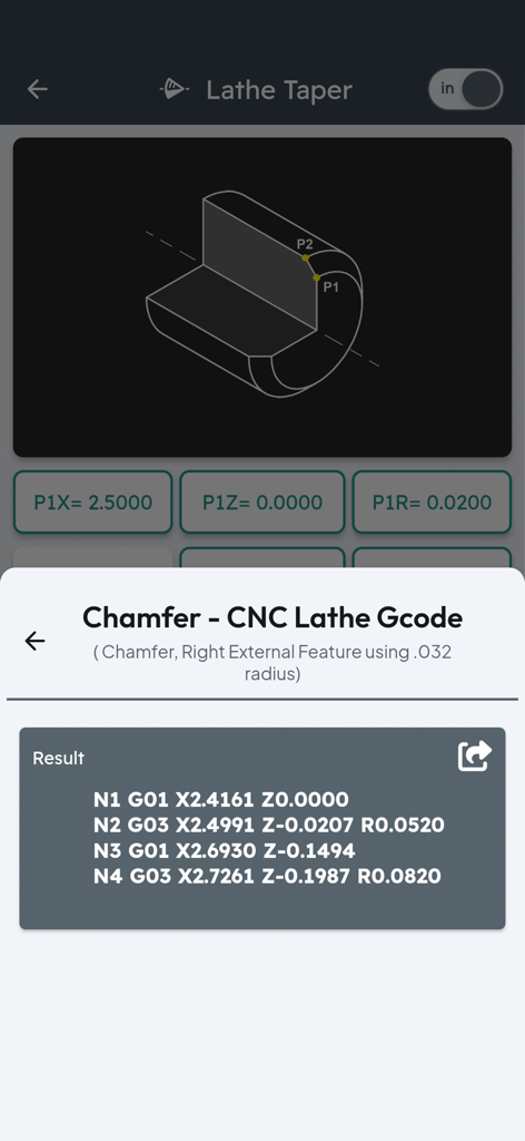 CNC Machinist Calculator Ultra screen showing lathe taper diagram and generated G-code for a chamfer feature