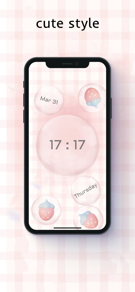 X Clock - Live in the present - X Clock app interface featuring a cute pink bubble theme with strawberry icons and a checkered background.