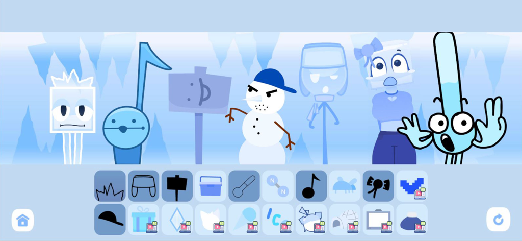 Cool As Ice Idle World Clicker - A lineup of frosty cartoon characters and a grid of upgrade icons in the Cool As Ice Idle World Clicker app