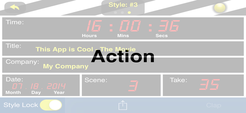 My Studio Pro - My Studio Pro digital film slate interface showing timecode, scene, and take details