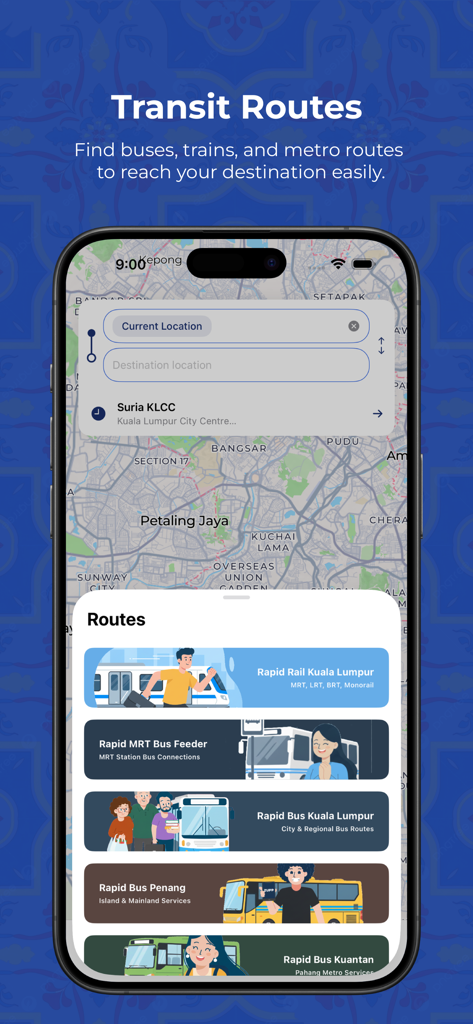 Zupp - MRT, LRT Public Transit - A mobile app screen showing a map of Kuala Lumpur with a search interface for transit routes and a list of transport options including rail and bus.