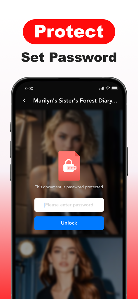 SVF PDF: OCR Scan Edit Reader - Mobile app interface for protecting sensitive PDF documents with a password.