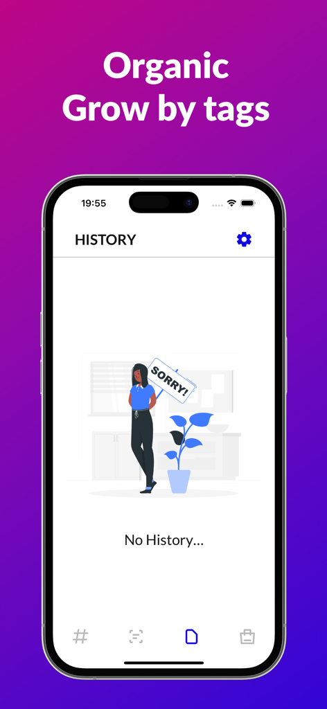Hasht - find hashtags - The history tab of the Hasht app showing a placeholder for saved hashtag lists to help social media growth.
