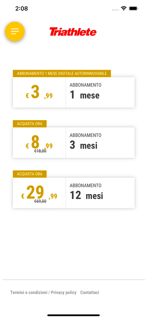 Schermata dei piani di abbonamento per Triathlete Edicola Digitale che mostra i prezzi per pacchetti di uno, tre e dodici mesi