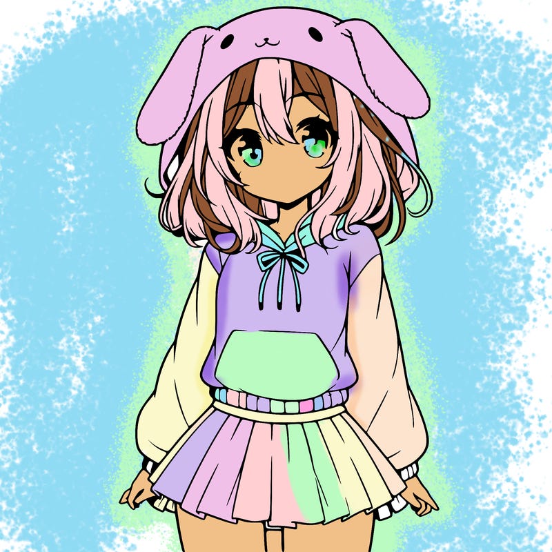pretty anime girl wearing a fluffy hoodie with bunny ears on the hood and a skirt