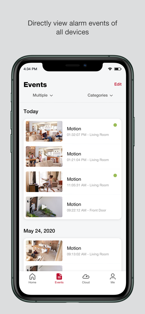 A mobile interface of the iSmartAlarm app showing a list of recorded motion events with video thumbnails and timestamps from different rooms.