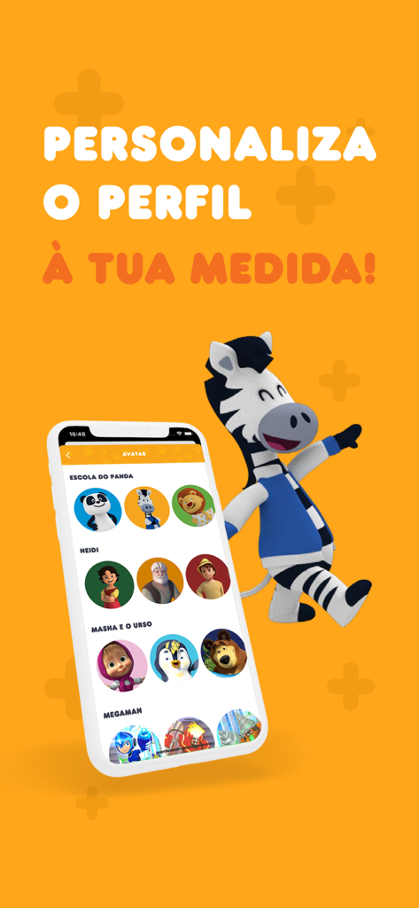 Pantalla móvil mostrando opciones de avatares de perfil para la aplicación Panda plus con un personaje de cebra.