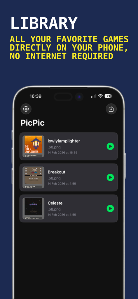 Pico-8 Emulator: Picpic - CelesteやBreakoutなどのインポートされたPico-8ゲームカートリッジのリストを表示するiPhone上のPicpicアプリライブラリインターフェース
