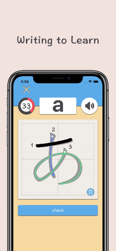 A mobile app interface showing how to write the Japanese Hiragana character 'a' with numbered stroke guides.