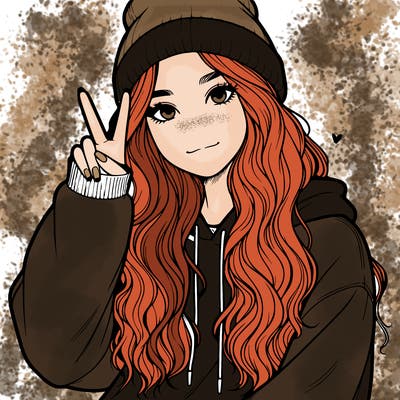 a teenage girl in a beanie, oversized sweatshirt, wavy long hair, and is showing a ✌️